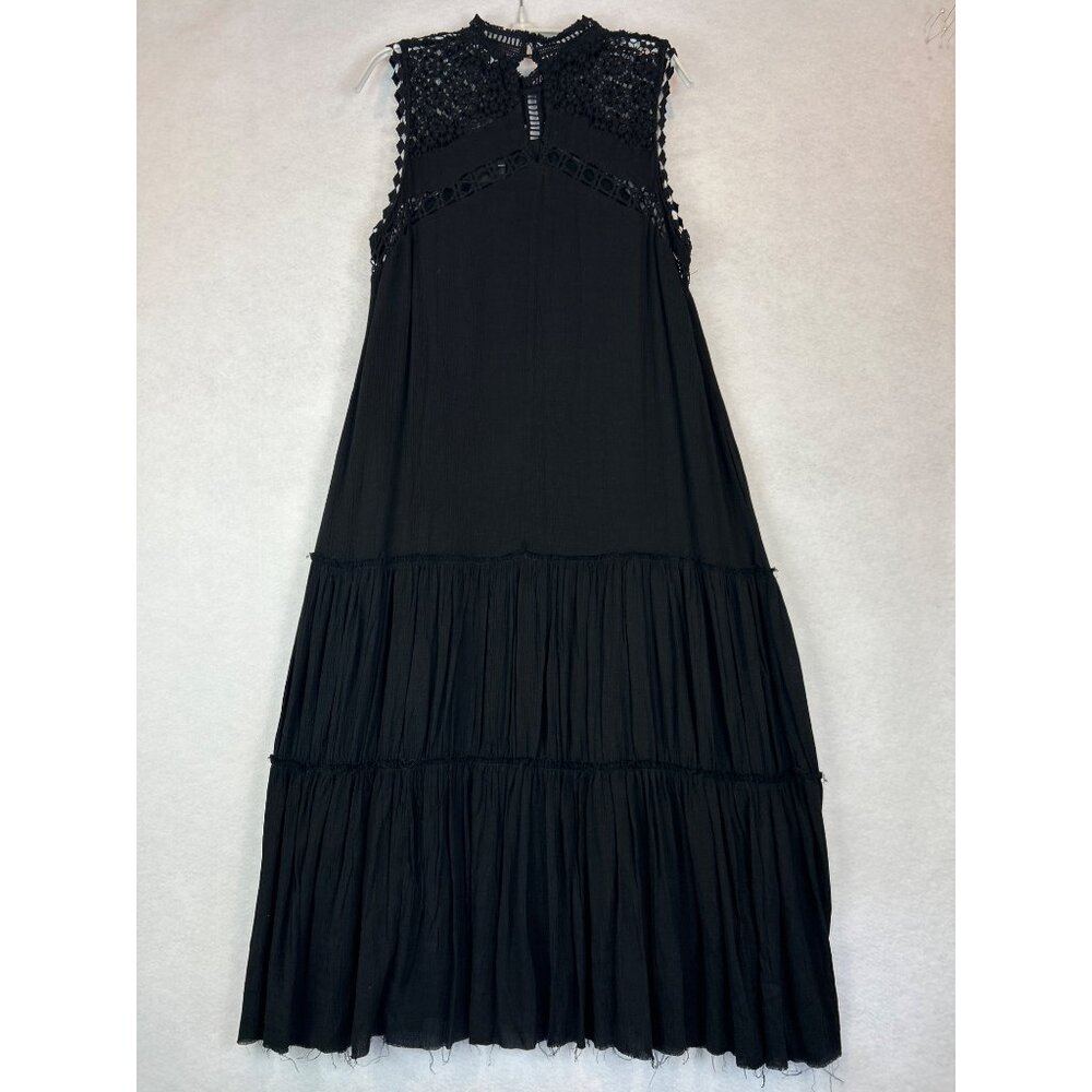 Fate Black Sleeveless Tiered Maxi Dress Lace Crochet Raw Hem Boho - Picture 11 of 13